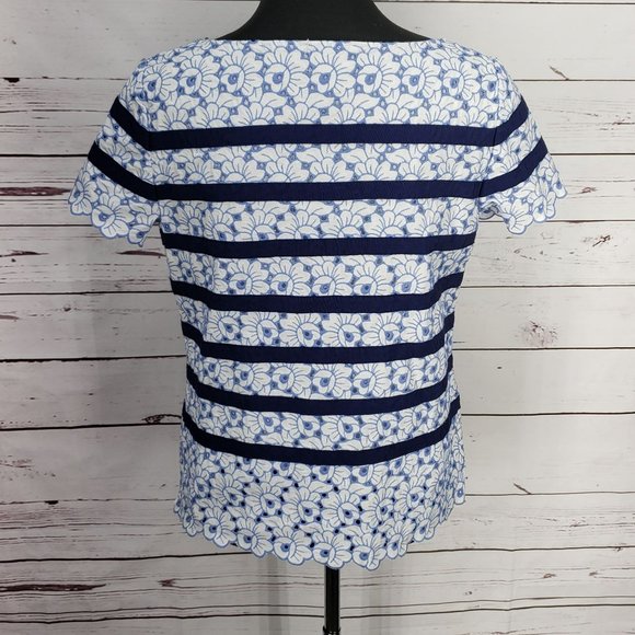Talbots Woman's Blue Striped Floral Lace‎ Detail Short Sleeve Blouse Size 10 - Picture 10 of 11